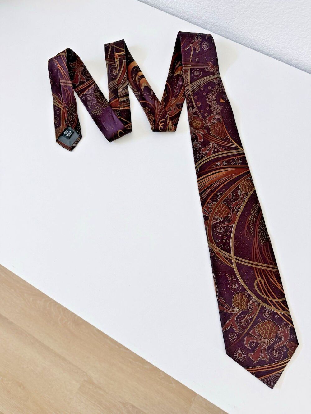 Gianfranco Ferre Silk Tie Purple Bronze Art Nouveau Swirl Abstract Italy Vintage